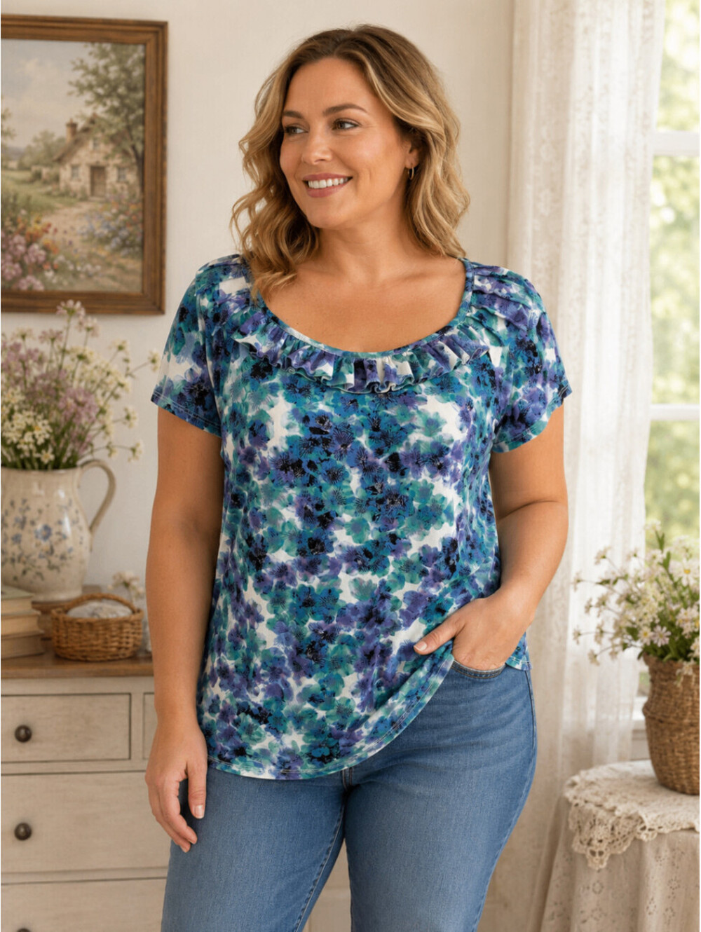 East 5th Womens Small S Floral Ruffle Scoop Neck Short Sleeve Top Blouse
